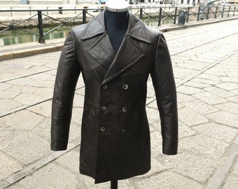 Trench-coat court en cuir à double boutonnage vintage original en marron taille S