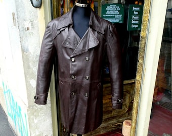 Vintage 70s dark brown double-breasted leather trench coat men's size L