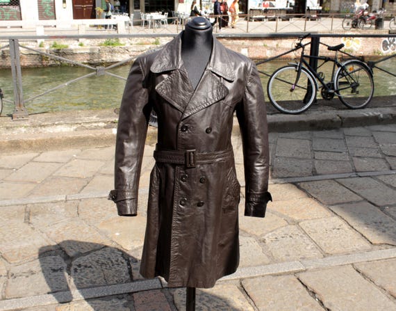 Trench in Pelle Colore Marrone Vintage Anni '70 Originale Doppiopetto Taglia L