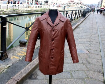 Original 70s vintage brown leather jacket for men, size L