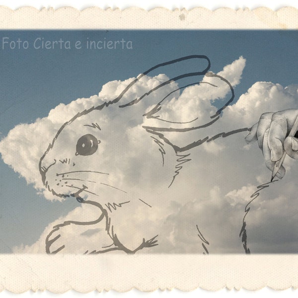 Bunny cloud(Fine art photography.Nubes.Conejo.Dibujo.Mano.Lápiz.Imaginación.Juego.Niños.Verano.Relax.Surrealismo.Fotomontaje.Diversión.)