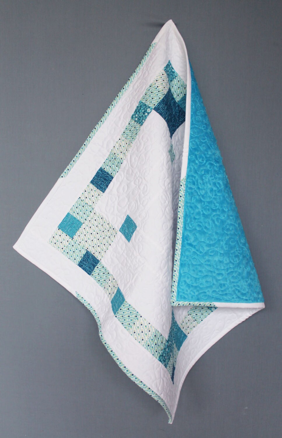 Baby Quilt Blanket Handmade and Unique, White and Blue Patchwork