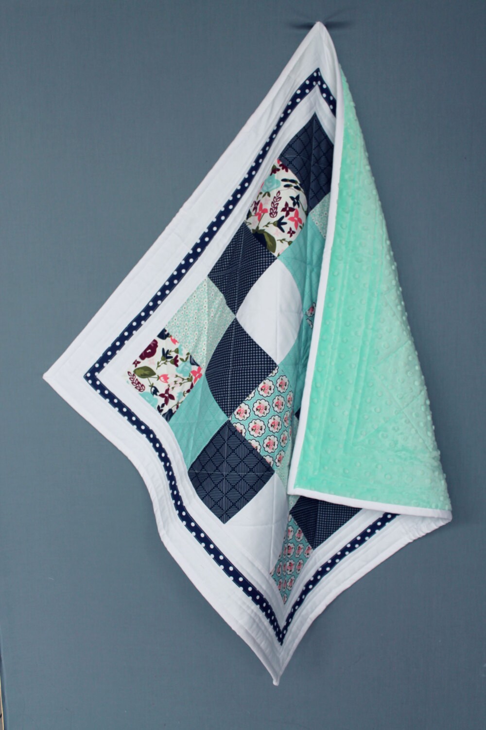 Couverture Bébé/Quilt Patchwork - Bleu Marine Turquoise Blanc