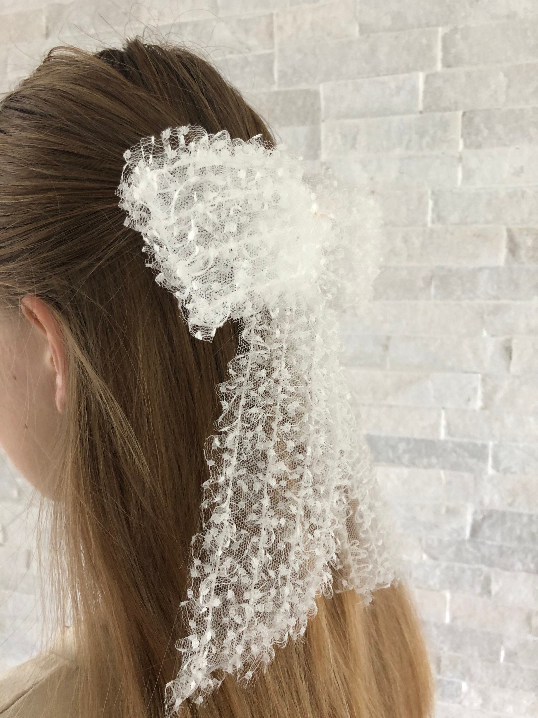 Tulle Hair Bow With Tails With Pearls on Barrette Clip Ivory Etsy UK