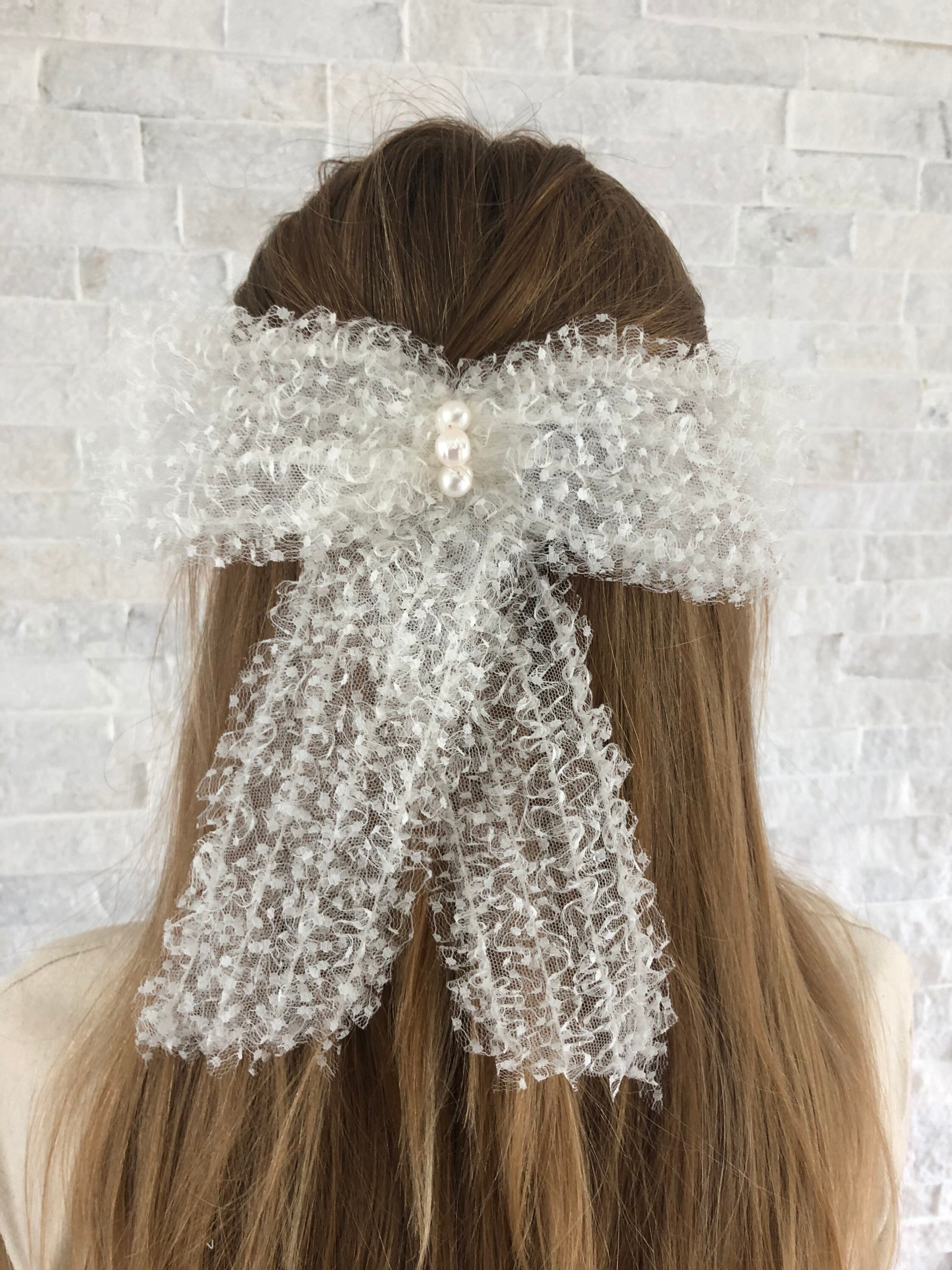 Tulle Hair bow with tails with pearls on barrette clip ivory Etsy