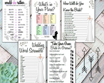 May include: A set of printable bridal shower games with a white background and floral accents. The games include "Would She Rather", "What's in Your Purse", "How Well Do You Know the Bride", "Wedding Word Scramble", and "Take Your Guess: Bride or Groom?"