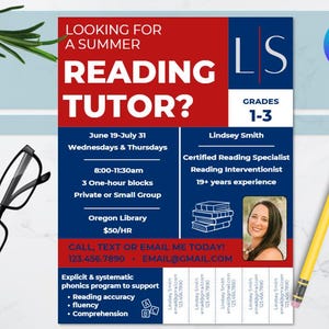 Tutor Flyer, Reading Tutor, Summer Tutor, Tutoring Services, Template
