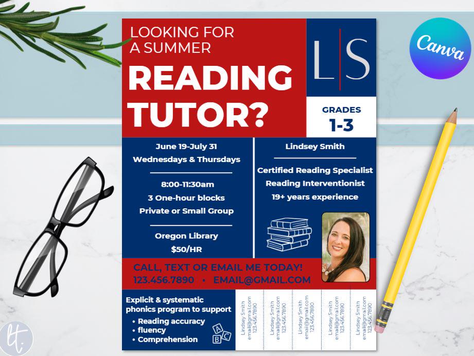 Tutor Flyer, Reading Tutor, Summer Tutor, Tutoring Services, Template