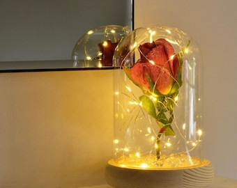 Glistening Cerise Handmade Enchanted Rose In Glass Dome Bell Jar With Led Lights