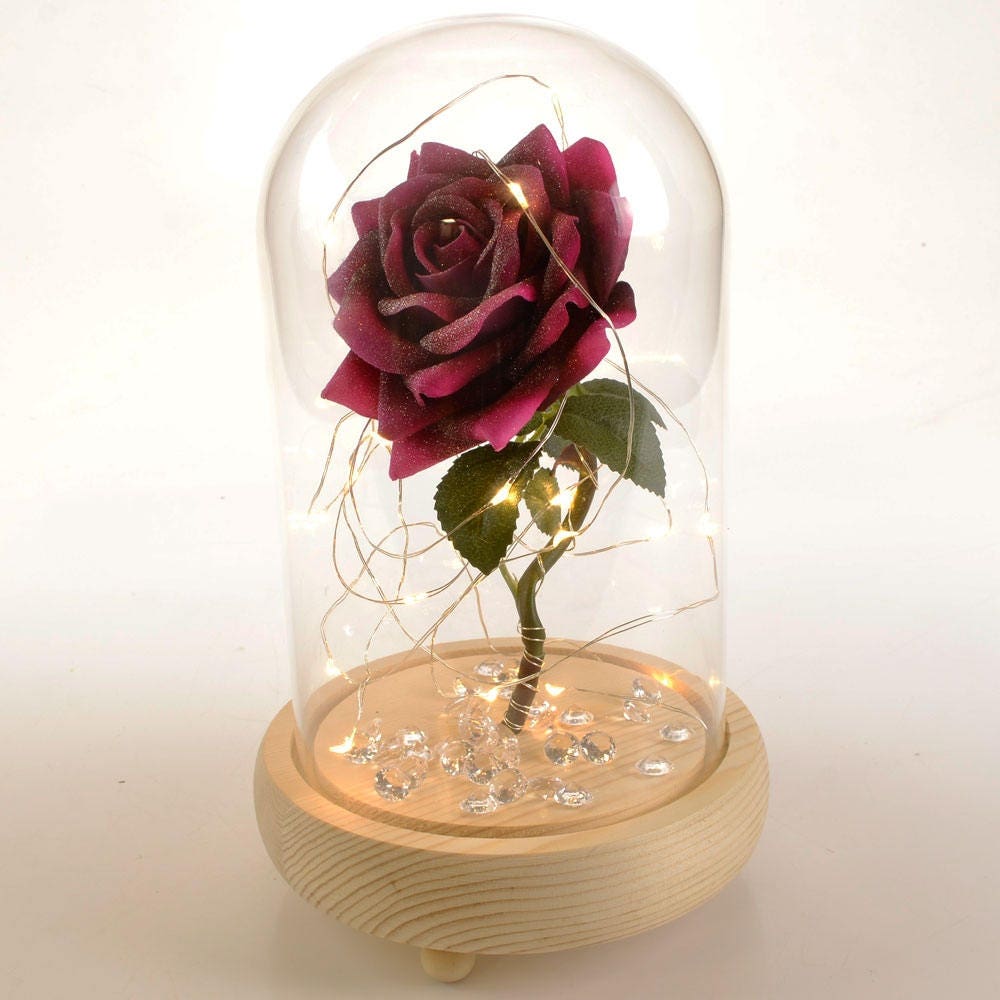 Handmade Magical Pink Enchanted Rose in Glass Dome Bell Jar With