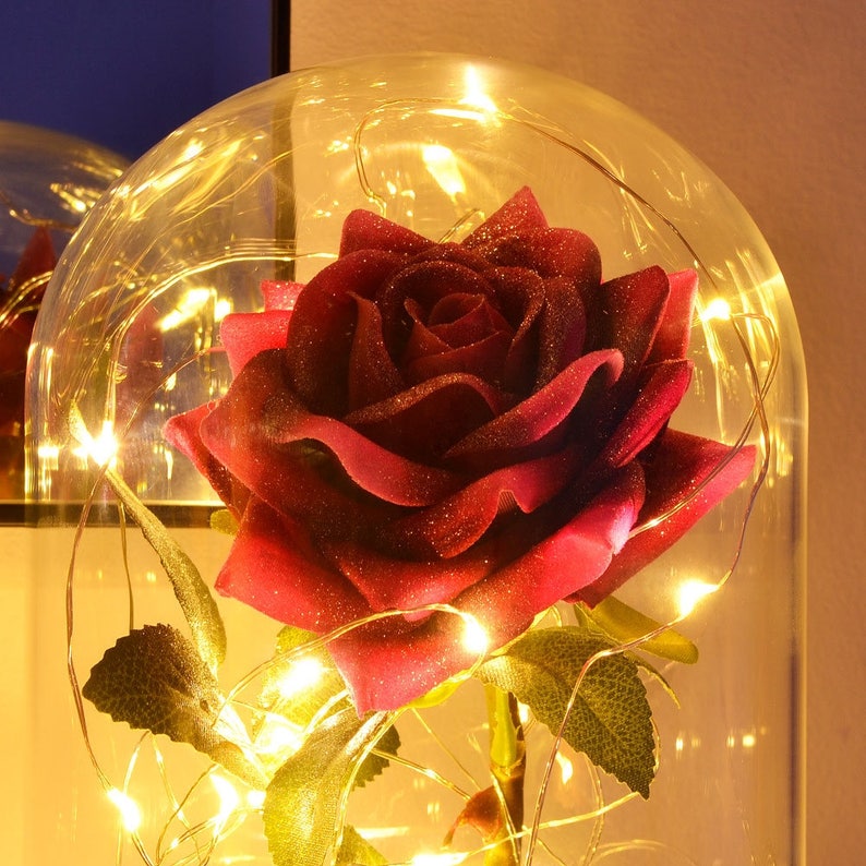 Handmade Magical Pink Enchanted Rose in Glass Dome Bell Jar with Pretty LED Lights 23cm H image 6