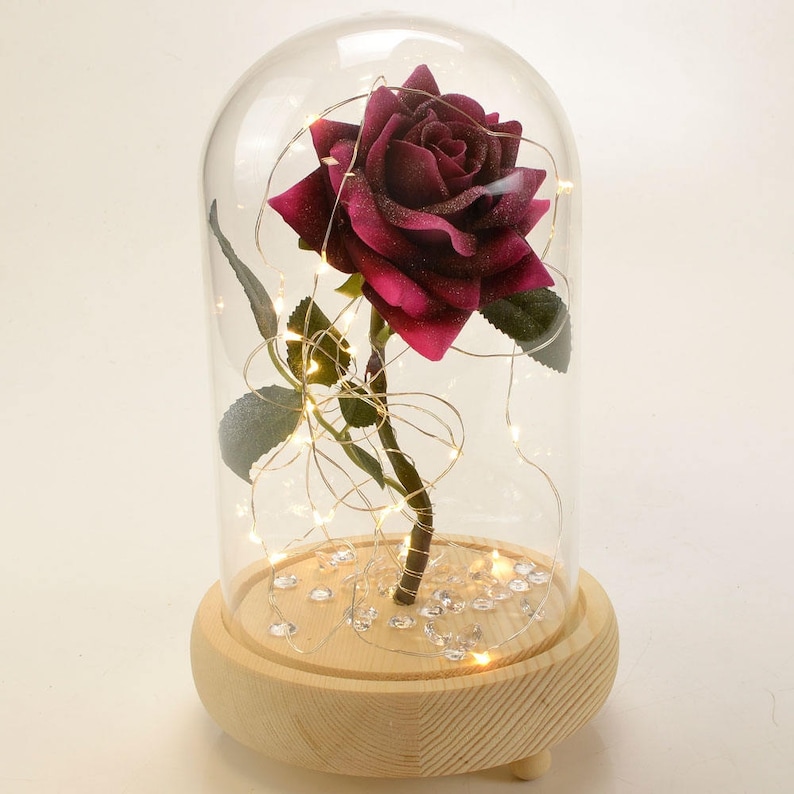 Handmade Magical Pink Enchanted Rose in Glass Dome Bell Jar with Pretty LED Lights 23cm H image 1