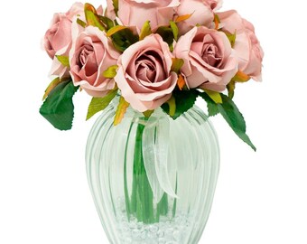 Blush Pink Bud Rose Artificial Flower Arrangement In Pretty Glass Vase (21cm) Home Decoration