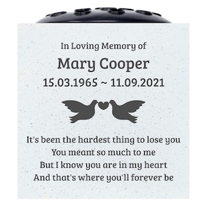 May include: A white card with black text and a dove silhouette. The text reads "In Loving Memory of Mary Cooper 15.03.1965 ~ 11.09.2021 It's been the hardest thing to lose you You meant so much to me But I know you are in my heart And that's where you'll forever be".