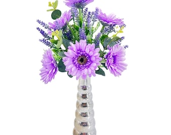 Lilac Purple Gerbera And Lavender Artificial Flower Arrangement In Bubble Silver Glass Vase (42cm) Home Decoration