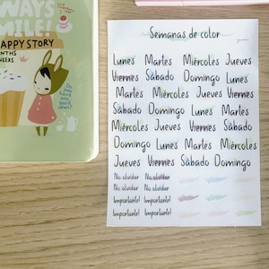 Días de la semana Hoja de pegatinas para bullet journal, pegatinas para agendas, hoja stickers, pegatinas palabras