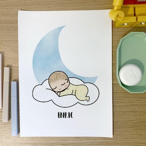 Personalisierter Babymond-Druck. Kinderillustration, Babyillustration, Geburt, Babyprint, personalisierte Illustration.