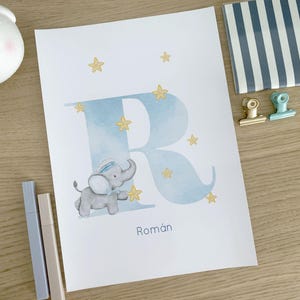 Lámina letra acuarela Elefante. Ilustración infantil , ilustración bebé, Natalicio, lámina niño, decoración infantil