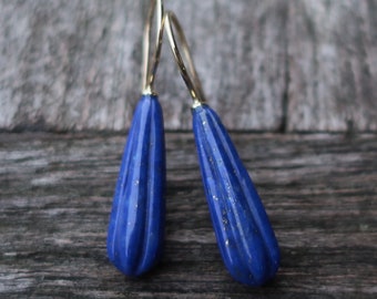 Boucles d'oreilles en or 585 gravées lapis-lazuli en forme de larme, chef-d'œuvre d'orfèvrerie unique