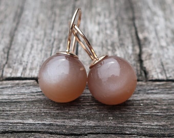 585 rose gold earrings natural brown moonstone balls 12 mm unique goldsmith work master work