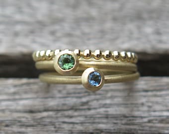 3 stacking rings gold with tourmaline and aquamarine, ball ring!