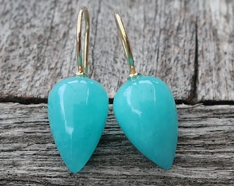 Boucles d'oreilles or 750 pendule amazonite chef d'oeuvre d'orfèvrerie unique