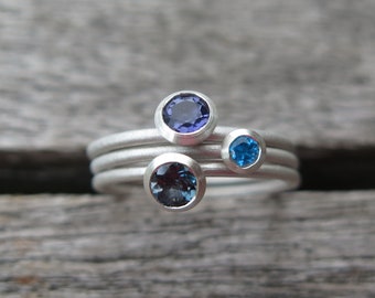 3 anneaux superposables en argent 925 topaze bleue, iolite et apatite turquoise peuvent être combinés
