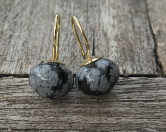 925/- silver drop earrings snowflake obsidian onion 9 x 7 mm