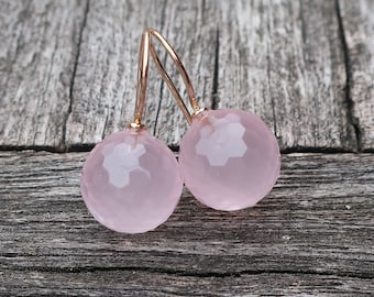 585 rose gold earrings rose quartz faceted ball 12 mm unique gold work