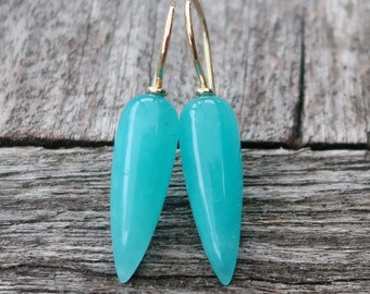 Boucles d'oreilles or 750 pendule amazonite chef d'oeuvre d'orfèvrerie unique