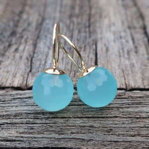 585 gold drop earrings chalcedony ball "sea blue" unique goldsmith work master work