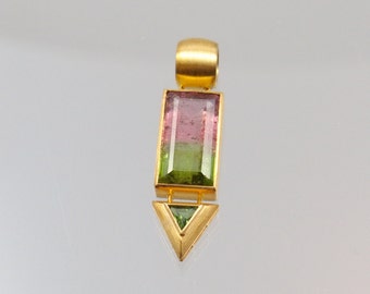 Pendant Tourmalin Baguette bicolor pink green 750/- Gold unique masterwork goldsmithing RIESIG