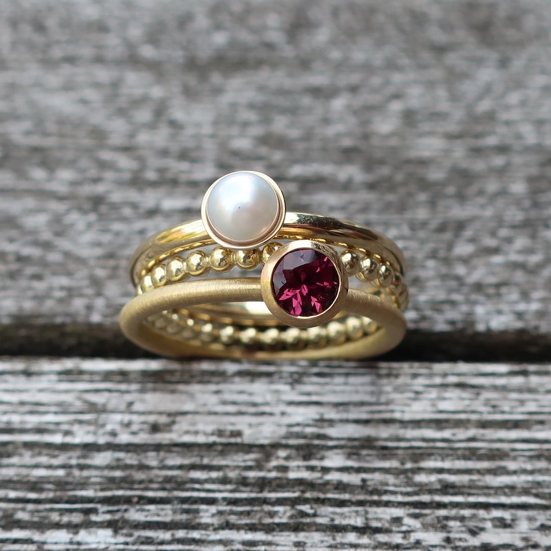 3 Gold Rings Ball Ring 1.8 Mm Ring With Pearl and Pink Tourmaline ...