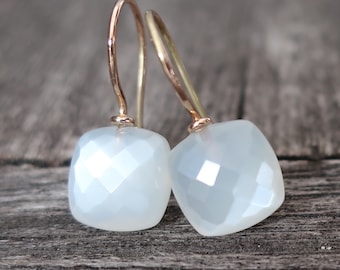 585 rose gold drop earrings moonstone faceted cushions 10 x 10 mm