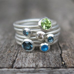 6 single combinable stacking rings 925 silver with white and blue diamonds, aquamarine, topaz, peridot and neon apatite