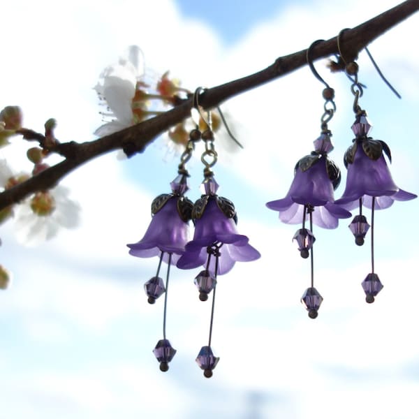 Amethyst Earrings - Flower Earrings - Floral Earrings - Woodland Earrings - Purple Earrings - Dangle Drop Earrings - Vintage Style Boho Gift