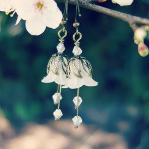 Woodland Earrings Flower Earrings, Floral Earrings White Earrings Boho Earrings Bohemian Jewelry Snowdrop Earrings Vintage Style image 1