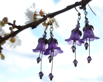 Amethyst Earrings - Flower Earrings - Floral Earrings - Woodland Earrings - Purple Earrings - Dangle Drop Earrings - Vintage Style Boho Gift