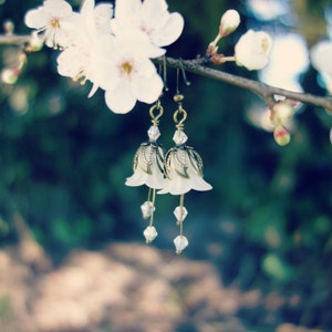 Woodland Earrings Flower Earrings, Floral Earrings White Earrings Boho Earrings Bohemian Jewelry Snowdrop Earrings Vintage Style image 7