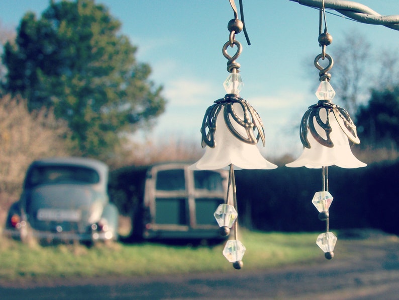 Woodland Earrings Flower Earrings, Floral Earrings White Earrings Boho Earrings Bohemian Jewelry Snowdrop Earrings Vintage Style image 5