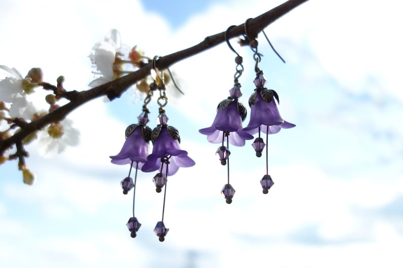 Amethyst Earrings - Flower Earrings - Floral Earrings - Woodland Earrings - Purple Earrings - Dangle Drop Earrings - Vintage Style Boho Gift 