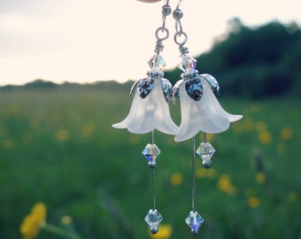 Snowdrop Dangle Earrings - Swarovski Crystals, Vintage Style Floral Jewelry