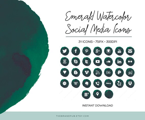 Emerald Green Watercolor Social Media Icons Set 32 Icons Etsy