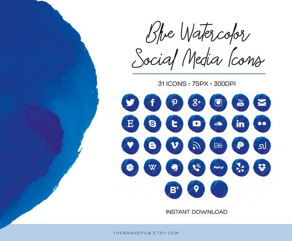 Blue Watercolor Social Media Icons Set 32 Icons 75px Etsy