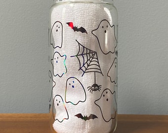 Ghosts, Bats & Spiderwebs Glass Can/ Halloween Cup/ Holographic Ghost Libby Can/ Fall Ghost Coffee Glass/ Bats Libbey