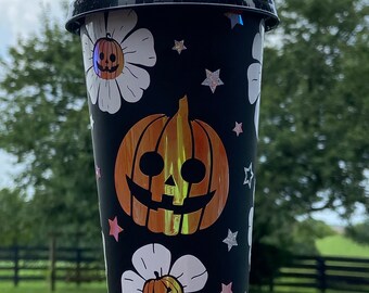 Pumpkin Flower Cold Cup/ Halloween Cup/ Holographic Halloween Cup/ Glitter Halloween Fall Cup / Floral / Reusable/ 24 ounce