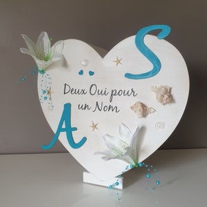 Urne en forme de cœur, mariage thème mer, bleue turquoise et blanche, personnalisée, Saperlipopette Création