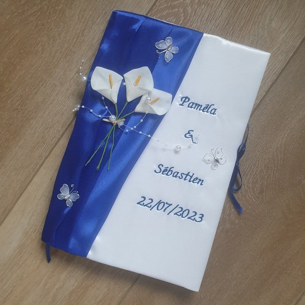 Livre d'or mariage, décor bleu roi, papillon, arums, personnalisé, anniversaire Saperlipopette Création