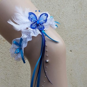 White lace garter, bride, royal blue and silver wedding, butterfly decor feathers silver beads, Saperlipopette Creation