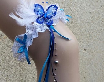 Jarretière dentelle blanche, mariée, mariage bleu roi et argent, décor papillon plumes perles argentée, Saperlipopette Création